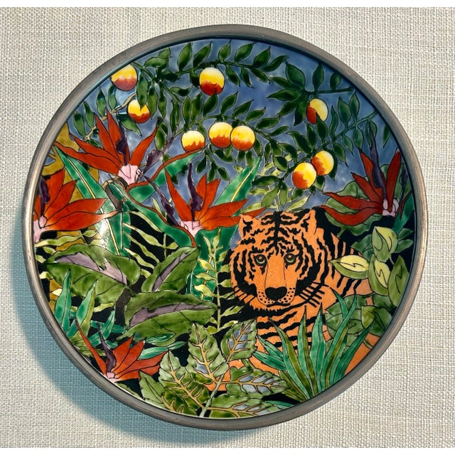 Gumps MCM Gump’s Tropical Rainforest Tiger and Toucan Pewter and Ceramic Plates - A Six Piece Set For Sale - Image 4 of 6