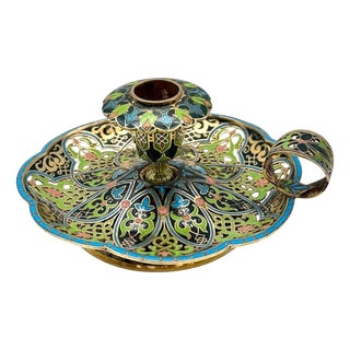 19th Century Antique French Import Silver Gilt qnd Champlevé Enamel Candleholder For Sale