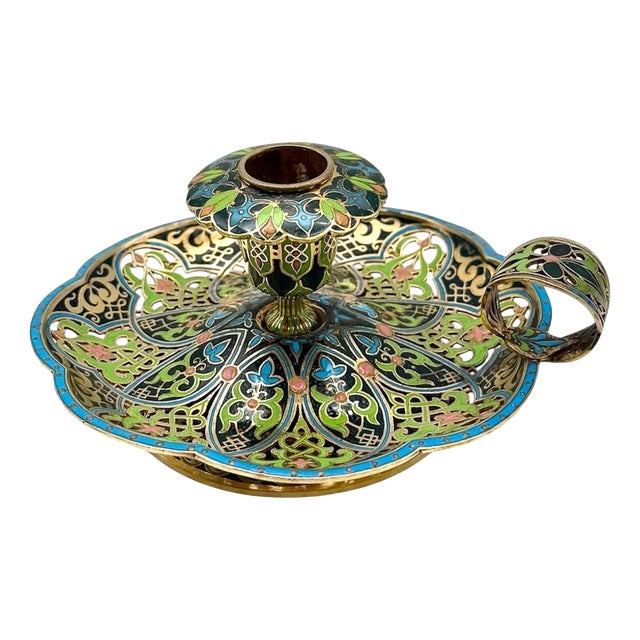 19th Century Antique French Import Silver Gilt qnd Champlevé Enamel Candleholder For Sale
