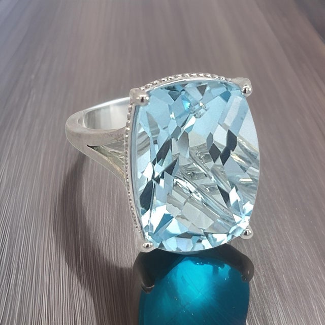 Natural Solitaire Blue Topaz Ring 6.5 14k W Gold 19.58 Cts Certified For Sale - Image 17 of 18