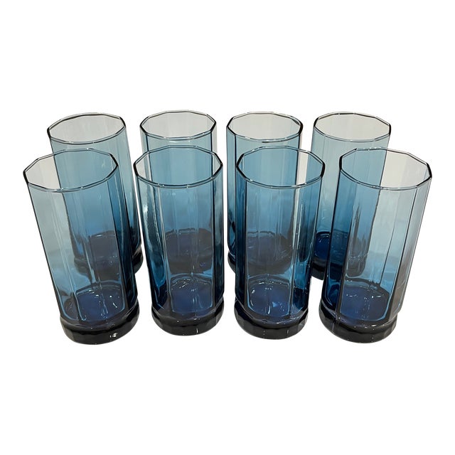 2000s Anchor Hocking Essex Drinking Glasses in Coastal Blue Set of 8