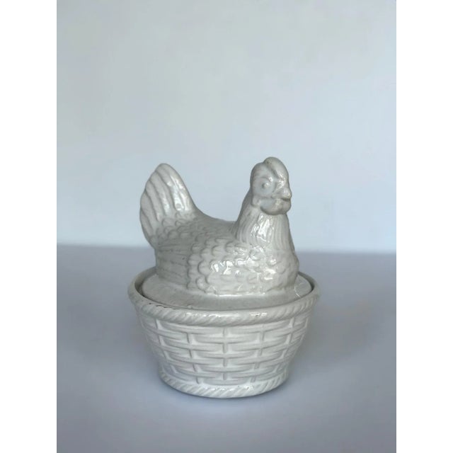 White White Ceramic Hen Sitting on a Basket Dish Made in Portugal For Sale - Image 8 of 8