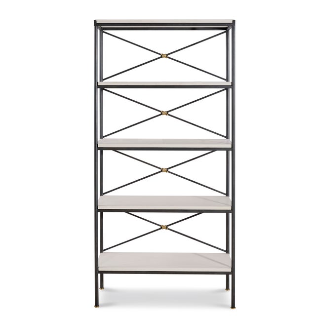 The iron neoclassical étagère with limestone shelving combines the sturdy, industrial qualities of iron with the elegance...