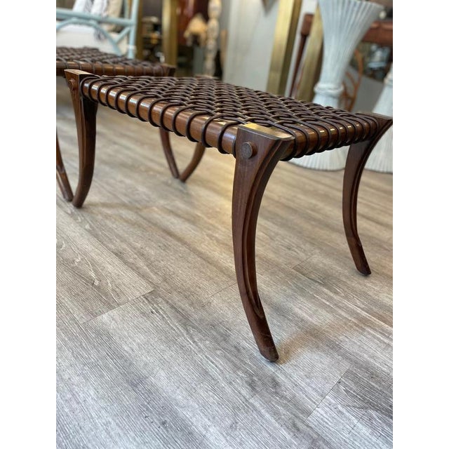 Klismos Bench in Wood with Saber Legs and Woven Leather by Pescetta Home Decoration For Sale - Image 11 of 13