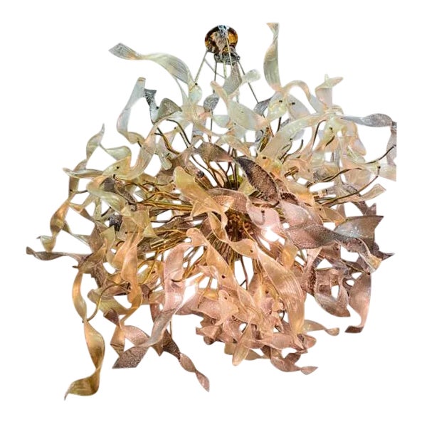Monumental Modernist Gold Murano Ribbon Chandelier For Sale