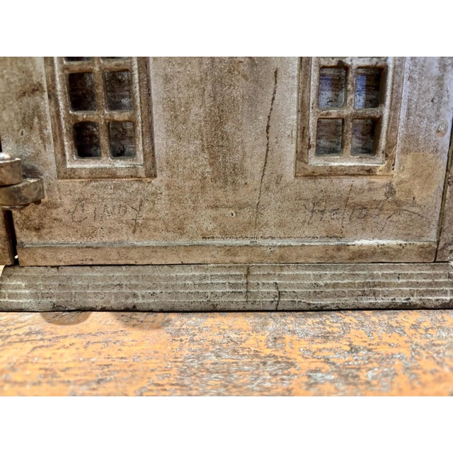 Greige Antique Cast Iron Home Savings Bank With Original Coin Boxes and Lock For Sale - Image 8 of 10