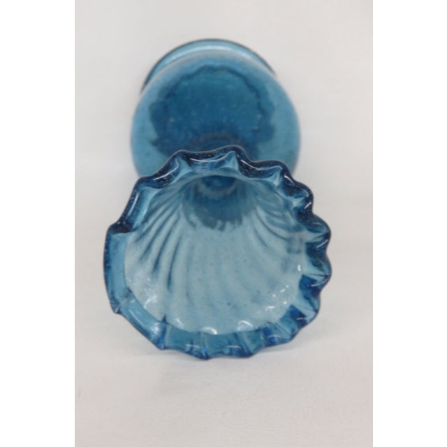 Small Aqua Blue Vase Mexican Hand Blown Art Glass With Fluted Ruffle Rim 4742b For Sale - Image 4 of 14