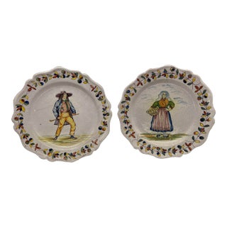 Pair, French Quimper Faience Pottery Figural Plates For Sale