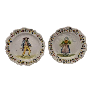 Pair, French Quimper Faience Pottery Figural Plates