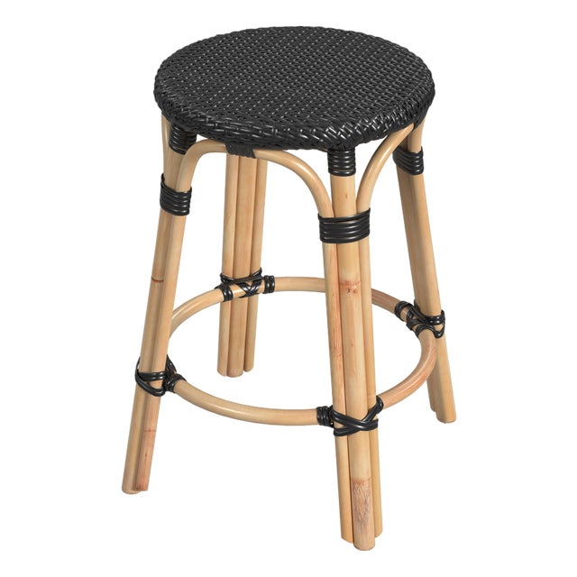 Tobias 24 in. Seat Height Round Rattan Backless Counter Stool, Black/ Natural Rattan Frame For Sale
