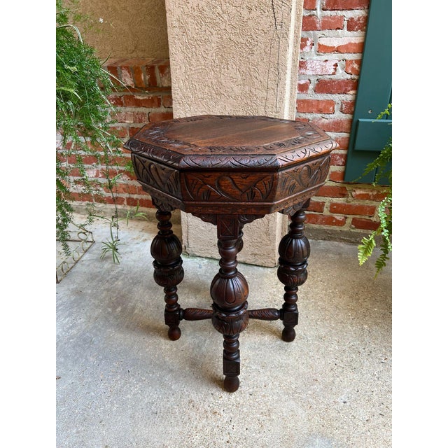 Petite Antique French Octagon Center Side Table Renaissance Carved Oak C1890 For Sale - Image 4 of 12