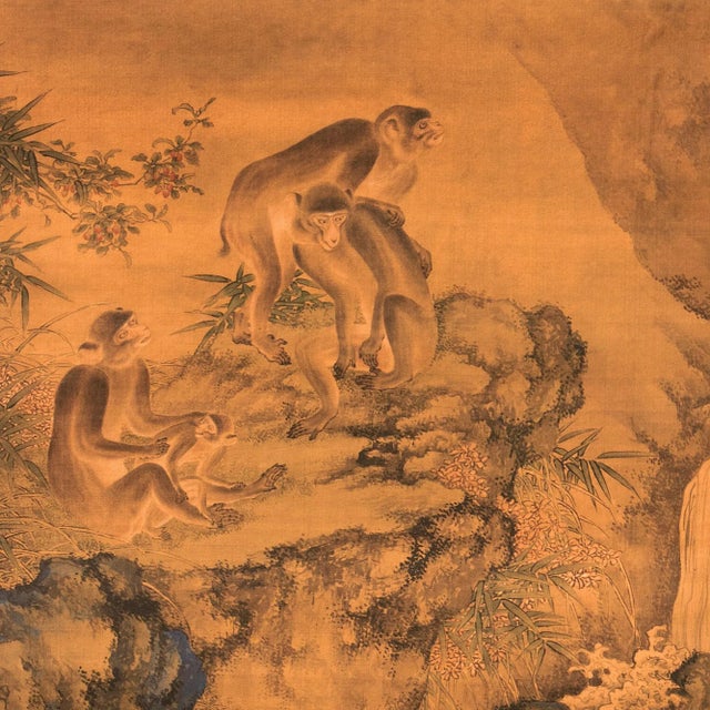 Post-1940s After "Landscape With Monkeys" by Shen Quan, Scroll on Rice Paper For Sale - Image 4 of 8