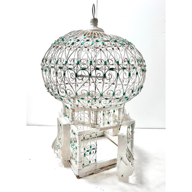 French Country Whitewashed Metal Birdcage Sculpture – Ornate Decorative Cage With Green Jewel Accents, Garden Room Decor For Sale - Image 10 of 12