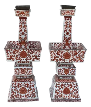 Pair Chinese Qing Porcelain Coral Red Bajixiang Candlesticks