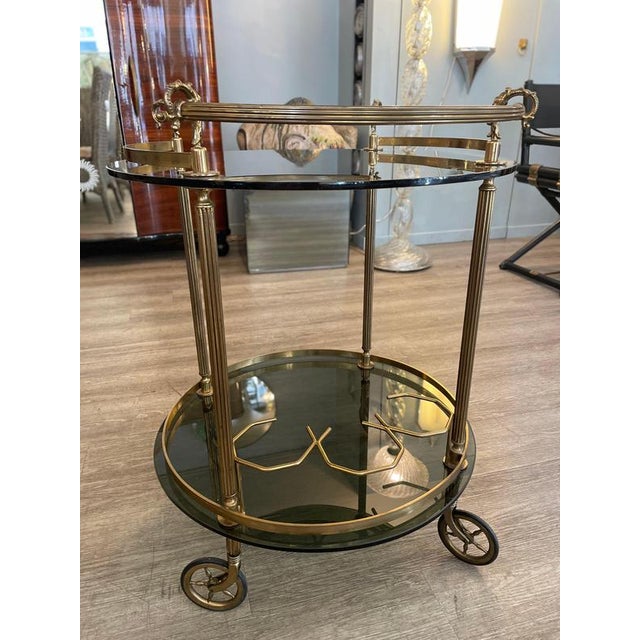 Round Brass and Smoked Glass Serving Trolley, 1970s For Sale - Image 11 of 12