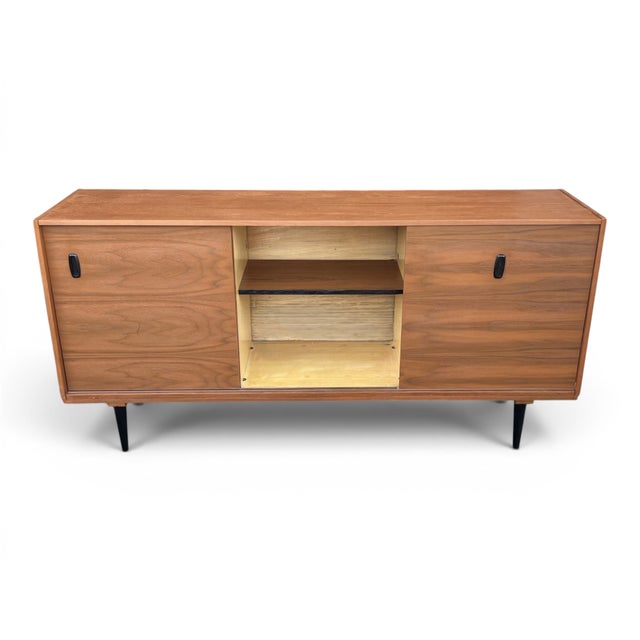 Mid-Century Modern Teak Buffet Credenza With Sliding Doors & Adjustable Shelves For Sale In Los Angeles - Image 6 of 15