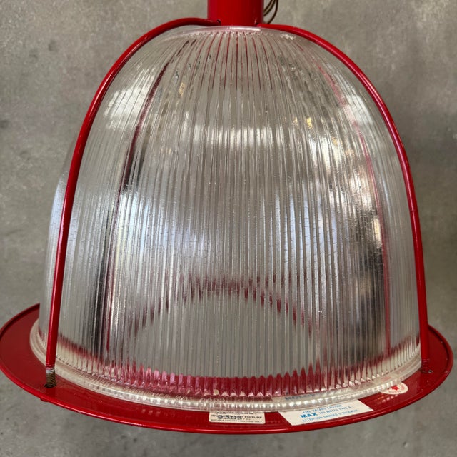 Mid 20th Century Vintage Ribbed Holophane Pendant Lamp W/ Red Metal Frame #1 - Made in Canada For Sale - Image 5 of 10