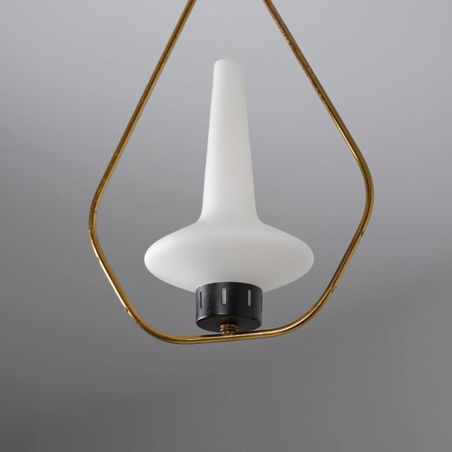 Metal Brass and Iron Pendant with Opaline Glass Shade, 1950s For Sale - Image 7 of 10