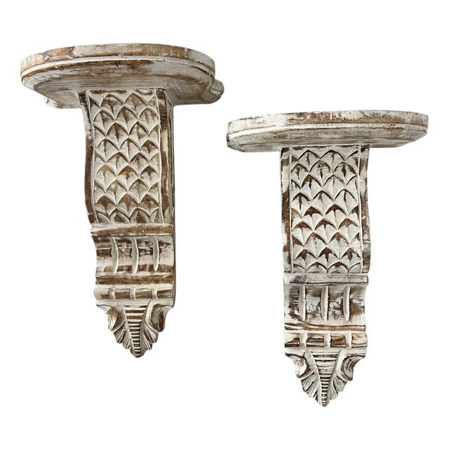 Vintage Hand Carved Wood Decorative Wall Corbel Display Shelves - A Pair For Sale