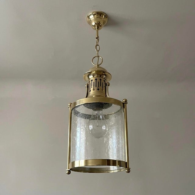 Mid-Century Modern Midcentury Italian Pendant Lamp or Lantern Made of Brass and Blown Glass, From the 1970s For Sale - Image 3 of 6