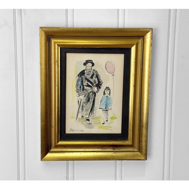 A Jewish Rabbi & Girl with Balloon Signed Watercolor Painting, c.1976 - Pairs Nicely with Many Traditional & Eclectic...