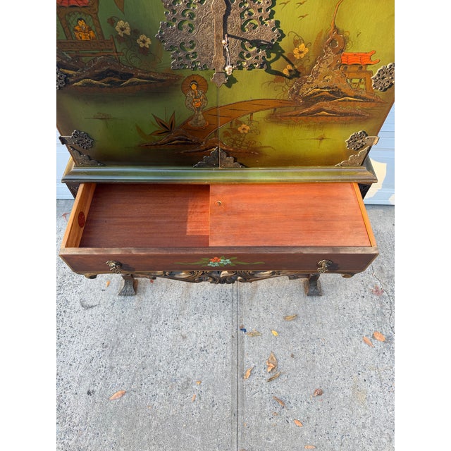 Vintage Chinoiserie Green Lacquer Cabinet With Hand Painted Asian Scenes and Ornate Carved Base For Sale - Image 9 of 12
