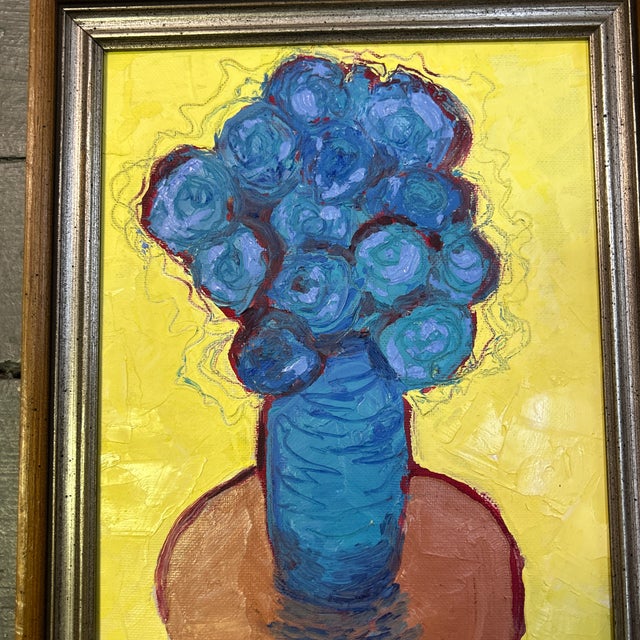 Contemporary original pop art blue flowers in vase still life painting. Signed and dated on the back. Measures 8x10 or...