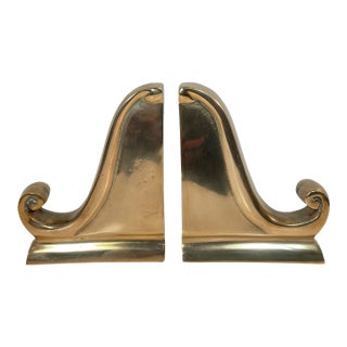 Vintage Mid Century Modern Solid Brass Neoclassical Scroll Bookends - A Pair For Sale