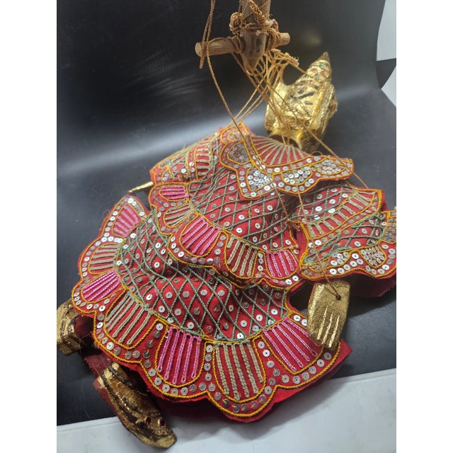 Figurative Vintage Thai Burmese Wooden Puppet, Ornate Marionette String Puppet Gold 16x12” For Sale - Image 3 of 4