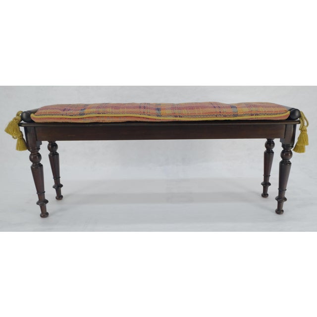 Fine Turned Solid Mahogany Base Tassels Decorated Upholstery 48" Long Bench MINT For Sale - Image 10 of 16