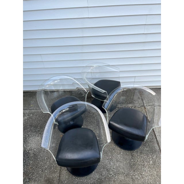 Black Modern Space Age Swivel Dining/Conference Chairs | Lucite + Black Leather With Black Tulip Base | Set of 4 For Sale - Image 8 of 13