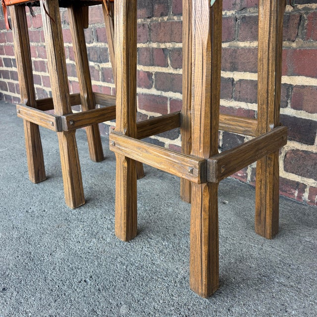 Ranch Oak Pair of Ranch Oak Rustic Leather and Wood Bar Stools For Sale - Image 4 of 12