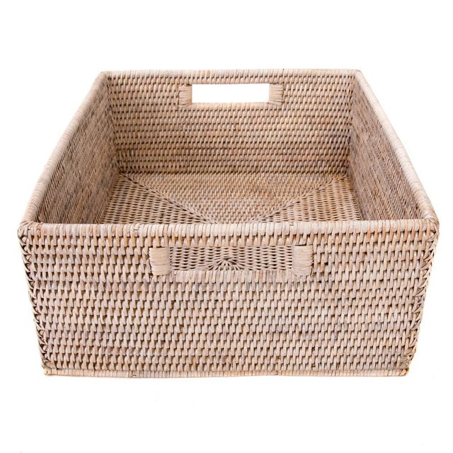 Artifacts Rattan Rectangular Basket with Cutout Handles in White Wash - 14" For Sale - Image 4 of 8