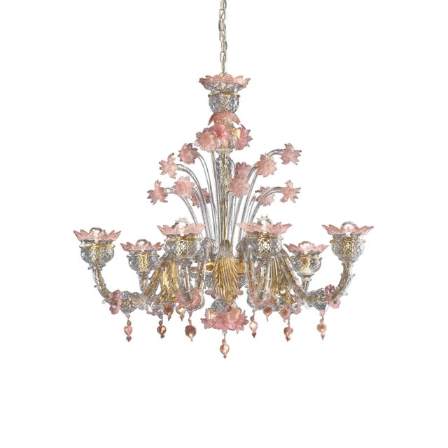 Early 21st Century Early 21st Century Venetian Gold and Pink Floral Murano Glass Chandelier For Sale - Image 5 of 13