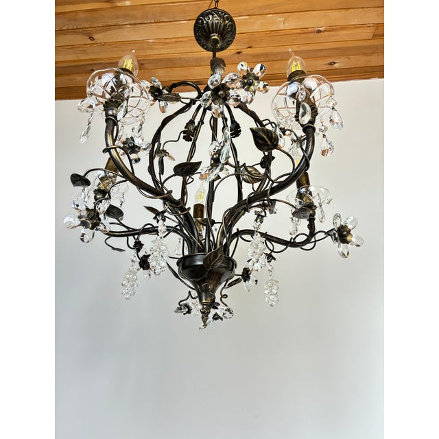 Large Vintage 1990s Wrought Iron Floral Chandelier With Crystal Flowers & Grape Details For Sale - Image 16 of 18