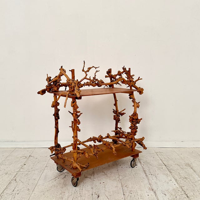 Mid-Century Bar Cart in Brown Burl, Plywood and Root Wood, 1960s For Sale - Image 14 of 14