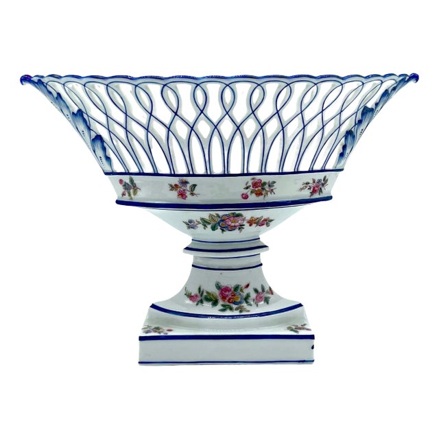 19th C. Old Paris Neoclassic Oval Blue & White Floral Pedestal Centerpiece For Sale