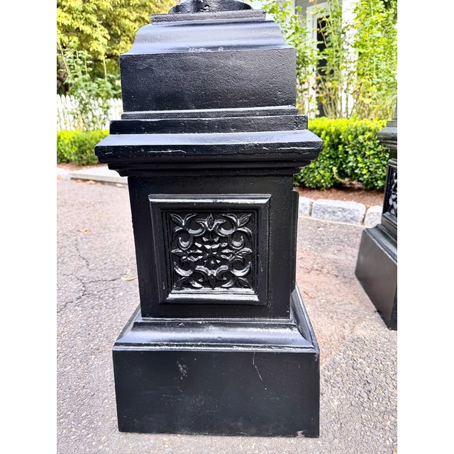 Large Antique Black Cast Iron Garden Urns on Pedestals, Pair, Circa 1900 For Sale - Image 16 of 18