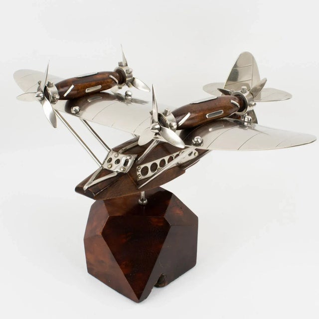 1940s French Art Deco Wood and Chrome Airplane SeaPlane Aviation Model, 1940s For Sale - Image 5 of 12