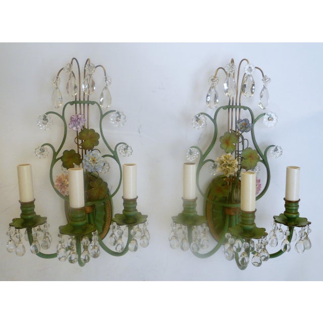Green Pair of Polychrome Enameled Bronze and Porcelain Flower Lyre Form Sconces For Sale - Image 8 of 10