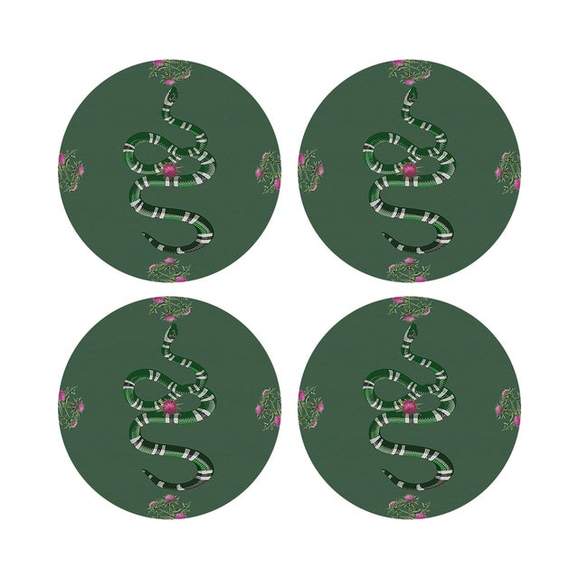 Thistle And Snake Evergreen Vegan Leather Round Pebble Placemat, Set of 4 For Sale - Image 4 of 5