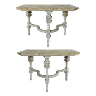 Early 20th Century Shabby Chic Antique Wood Console Tables, Faux Marble Painted Tops, a Pair For Sale