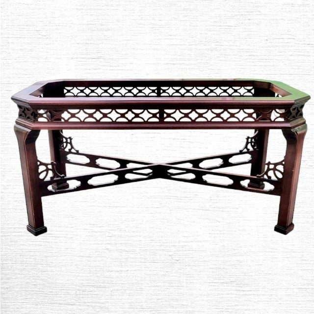 Wood Vintage Chinese Chippendale Fretwork Mahogany Stained Regency Dining Table Base For Sale - Image 7 of 8