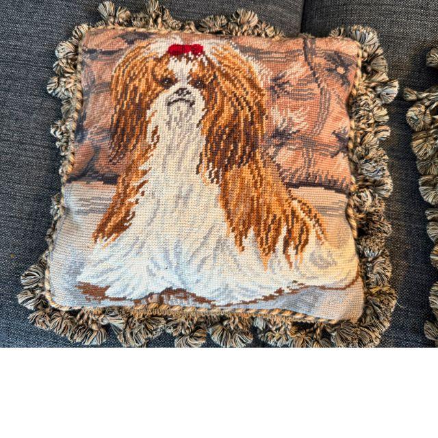 Late 20th Century, Shih Tzu Handcrafted Needlepoint, Throw Pillows, Pair (2) For Sale - Image 4 of 11