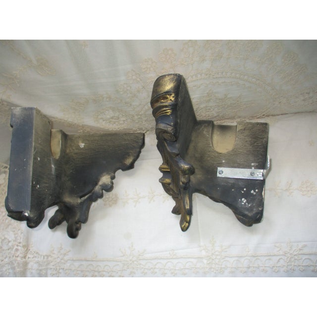 Vintage Ornate Louis XIV Style Acanthus Leaf Design Slate Blue & Gold Corbels- Set of 2 For Sale - Image 9 of 10