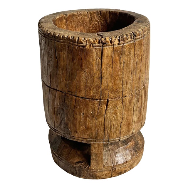 Vintage Rustic India Wooden Pestle Pot For Sale