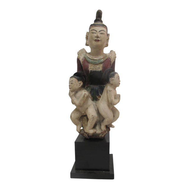 South Asian Carved Wood Buddha Serpent Bird Figural Statue For Sale