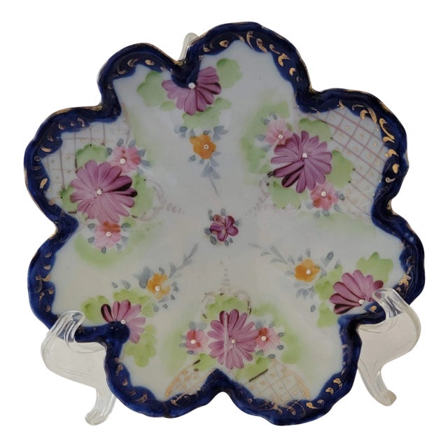 1870 Early Nippon Hp Cobalt & Gold Gilt Floral Shape Accent Bowl in Lattice Work & Spring Flowers For Sale