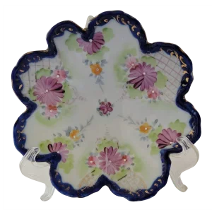 1870 Early Nippon Hp Cobalt & Gold Gilt Floral Shape Accent Bowl in Lattice Work & Spring Flowers