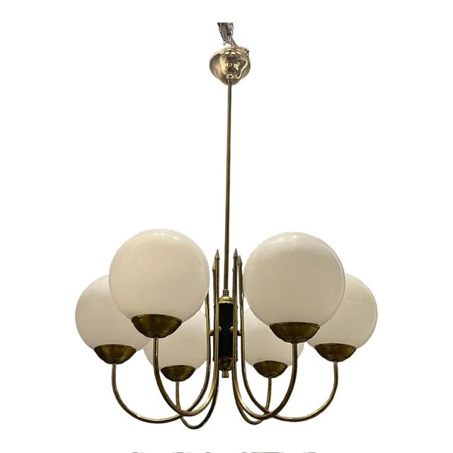 Opaline Glass and Brass Chandelier, 1950s For Sale - Image 10 of 10
